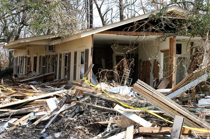 A hurricane and flood damaged home, that may benefit from ICC coverage to help with demolition costs.