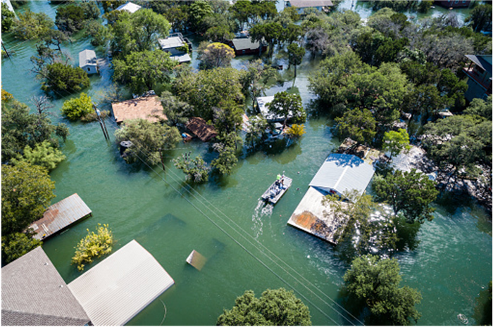 Suburban neighborhood with flood water up to the branches of trees.