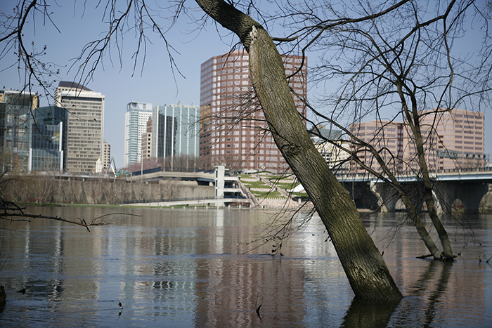 Spring flooding of the Connecticut River, with Hartford in the background.