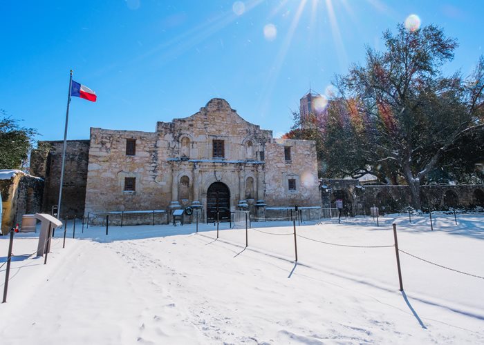 Snow and icy weather in front of the Alamo in San Antonio, Texas.